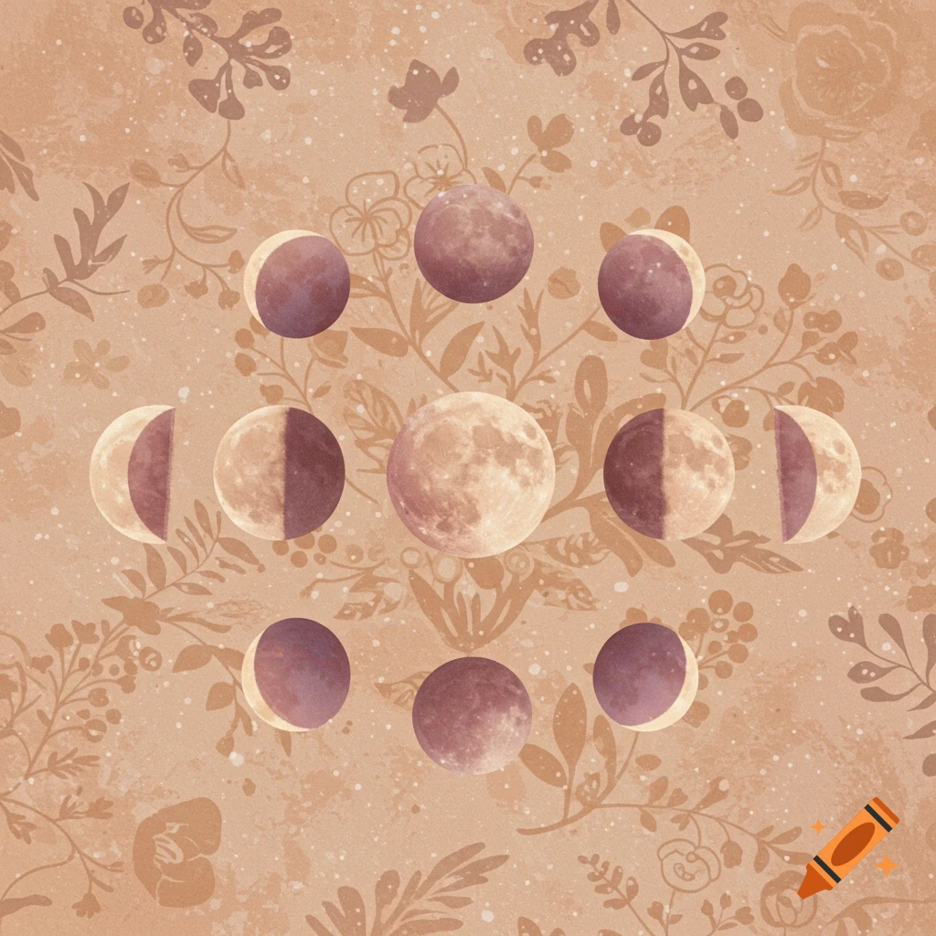 Moon phases are arranged in a circle on a floral patterned background in boho tones.