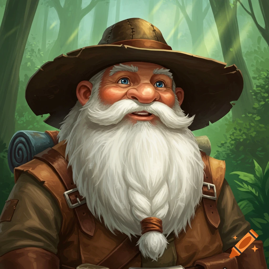 A smiling dwarf with a large white beard and explorer's hat in a forest.