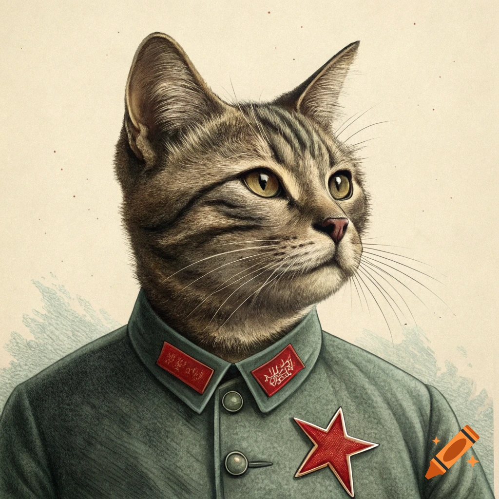 A tabby cat wearing a military uniform with a red star badge