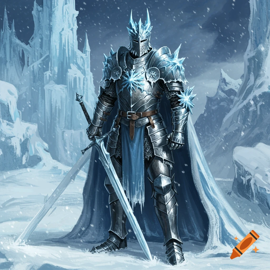 An ice knight standing in a snowy landscape with an ice castle.