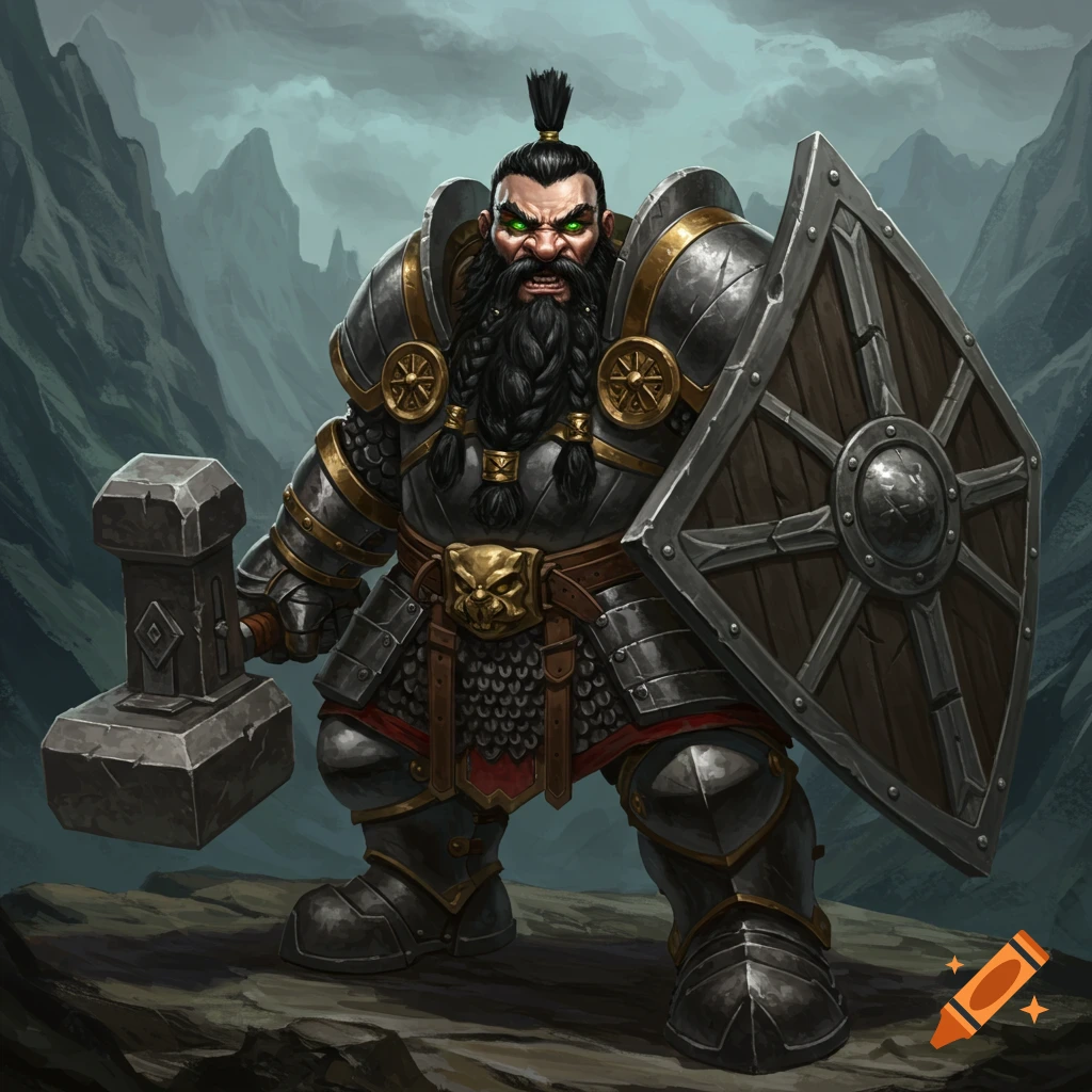 Fantasy dwarf in heavy armor holding a hammer and shield on a rocky terrain.