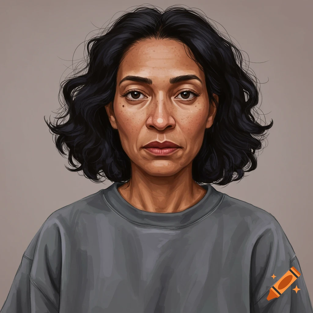 A close-up of a woman with dark wavy hair and freckles wearing a grey sweatshirt.