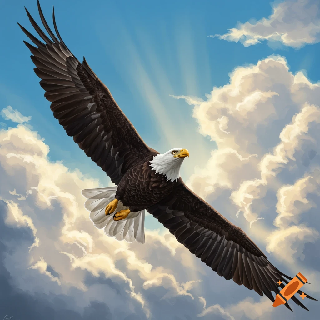 A bald eagle flies high in a bright blue, cloudy sky with sun rays.