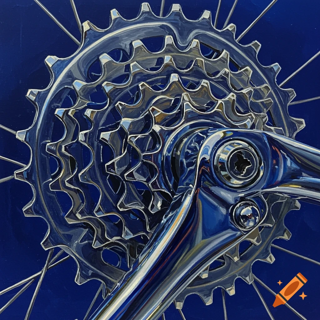 shiny bicycle gears and crank arm against a blue background