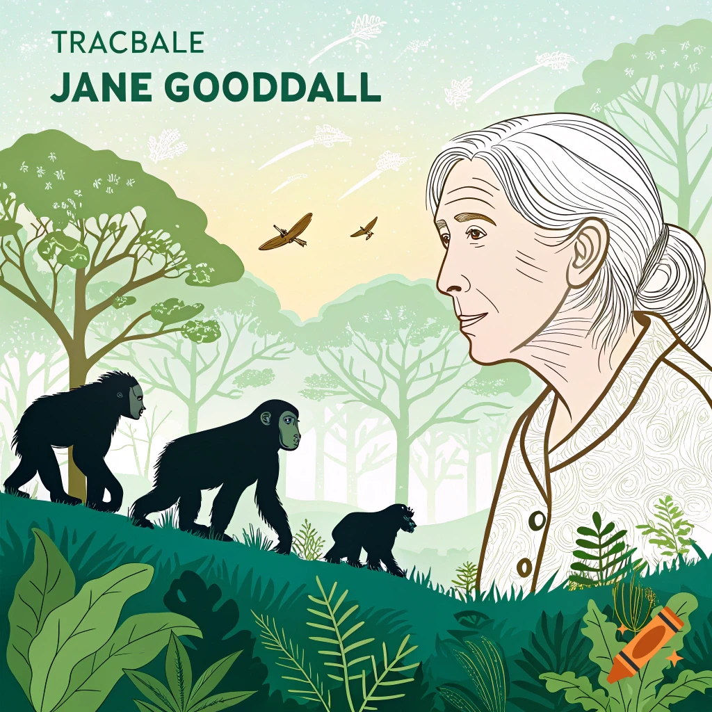 Illustration of Jane Goodall with chimpanzees in a forest.