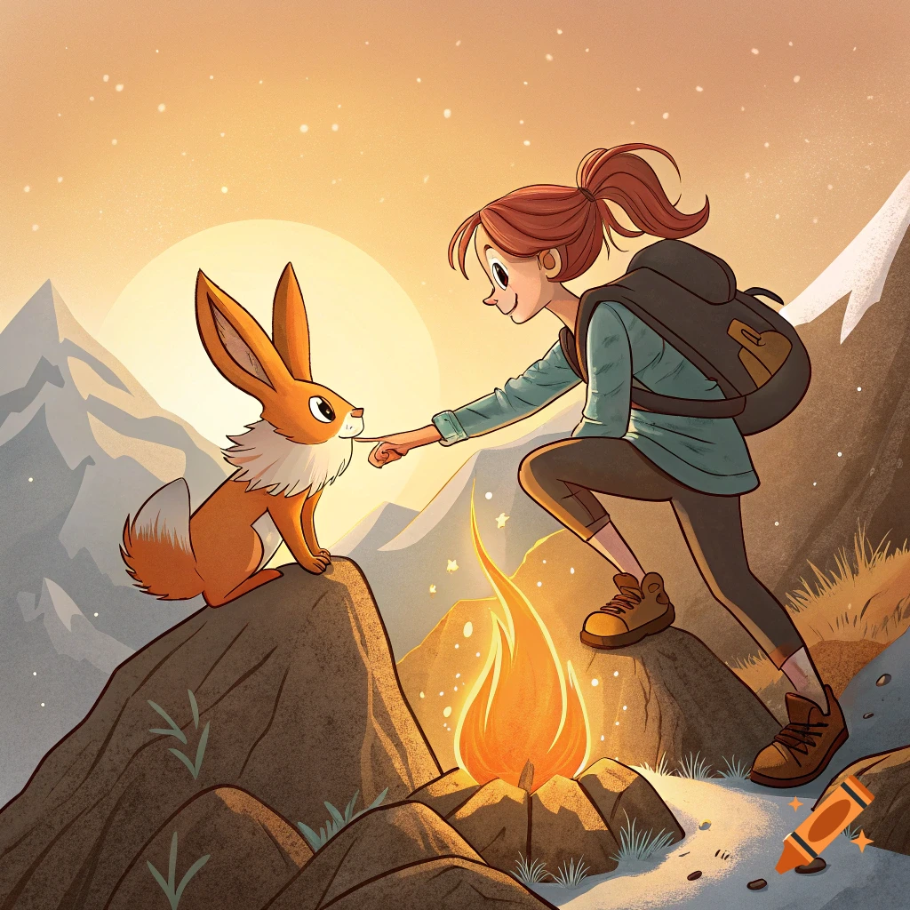 Cartoon girl touches nose of orange fantasy creature on a mountain with campfire at sunset.