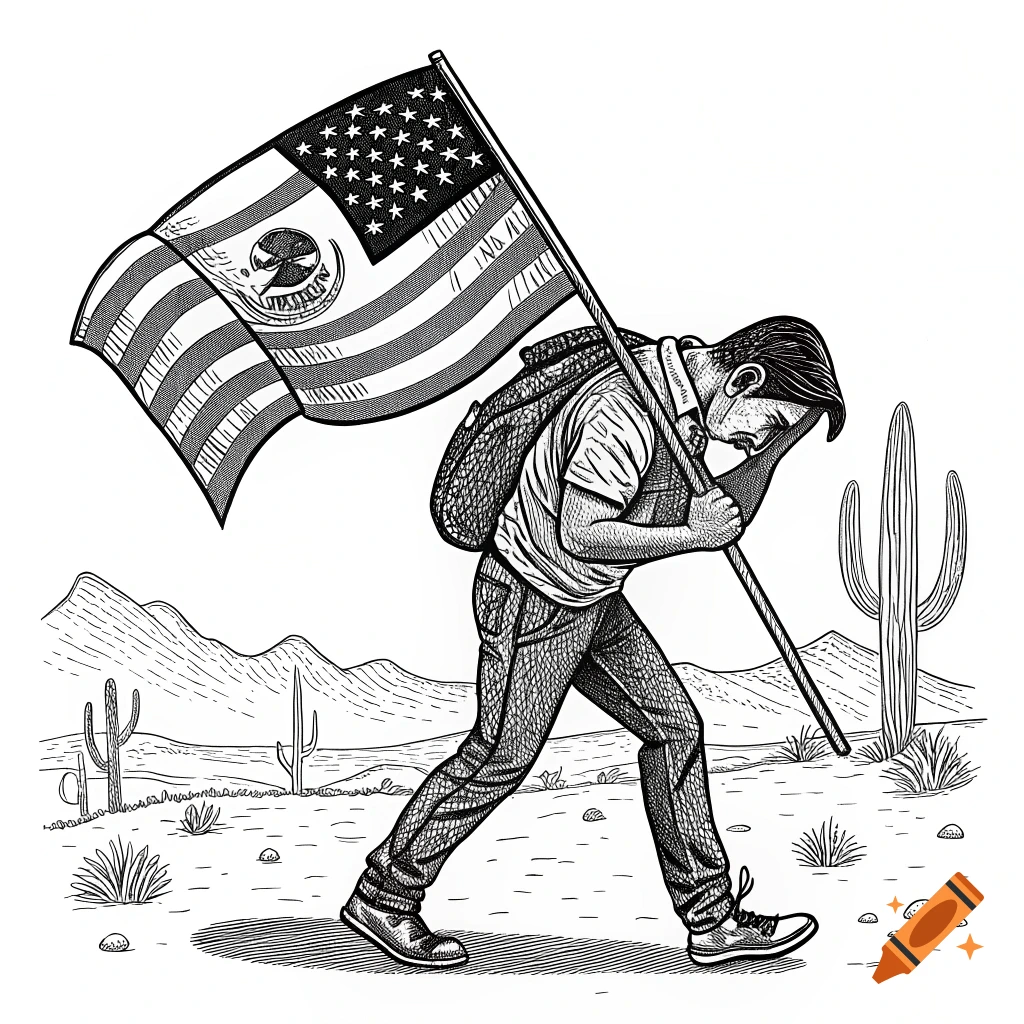 Black and white ink drawing of a man carrying a flag through the desert.