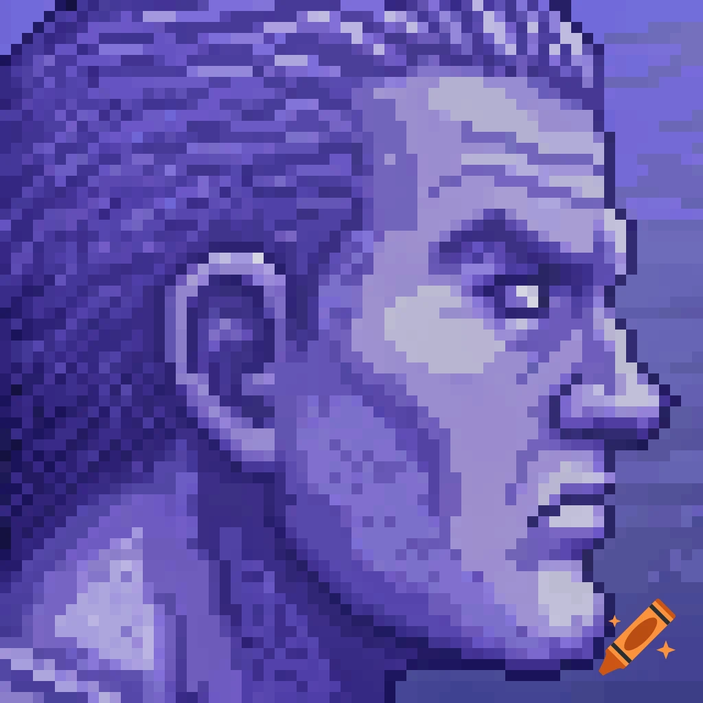 Pixel art portrait of a man's head in profile, in purple tones.