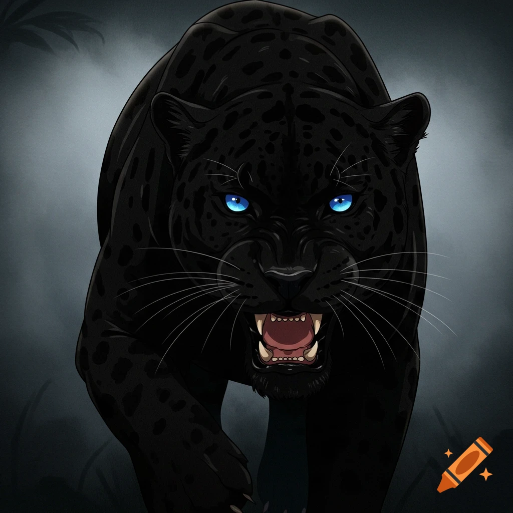 Anime style black panther with glowing blue eyes roaring and lunging forward.