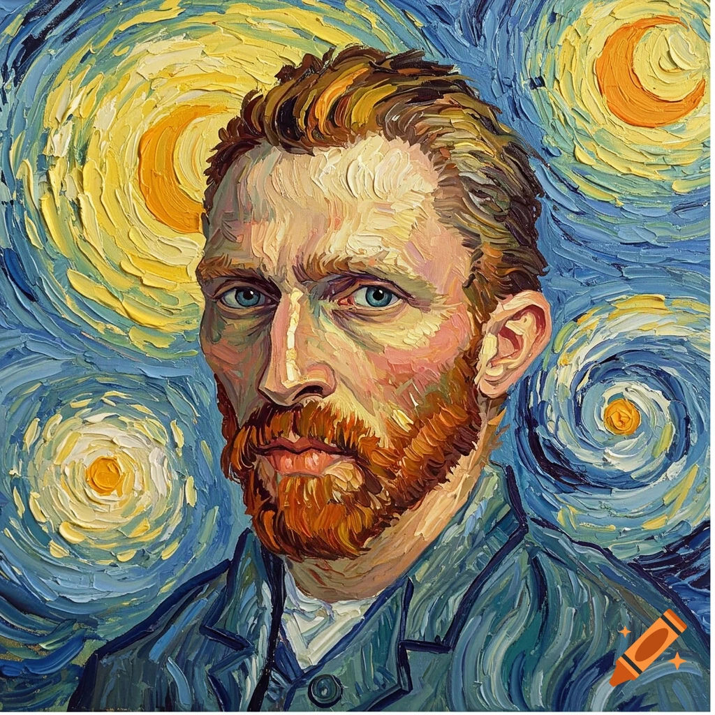 A painting of a man in Van Gogh's style with a swirling sky background.