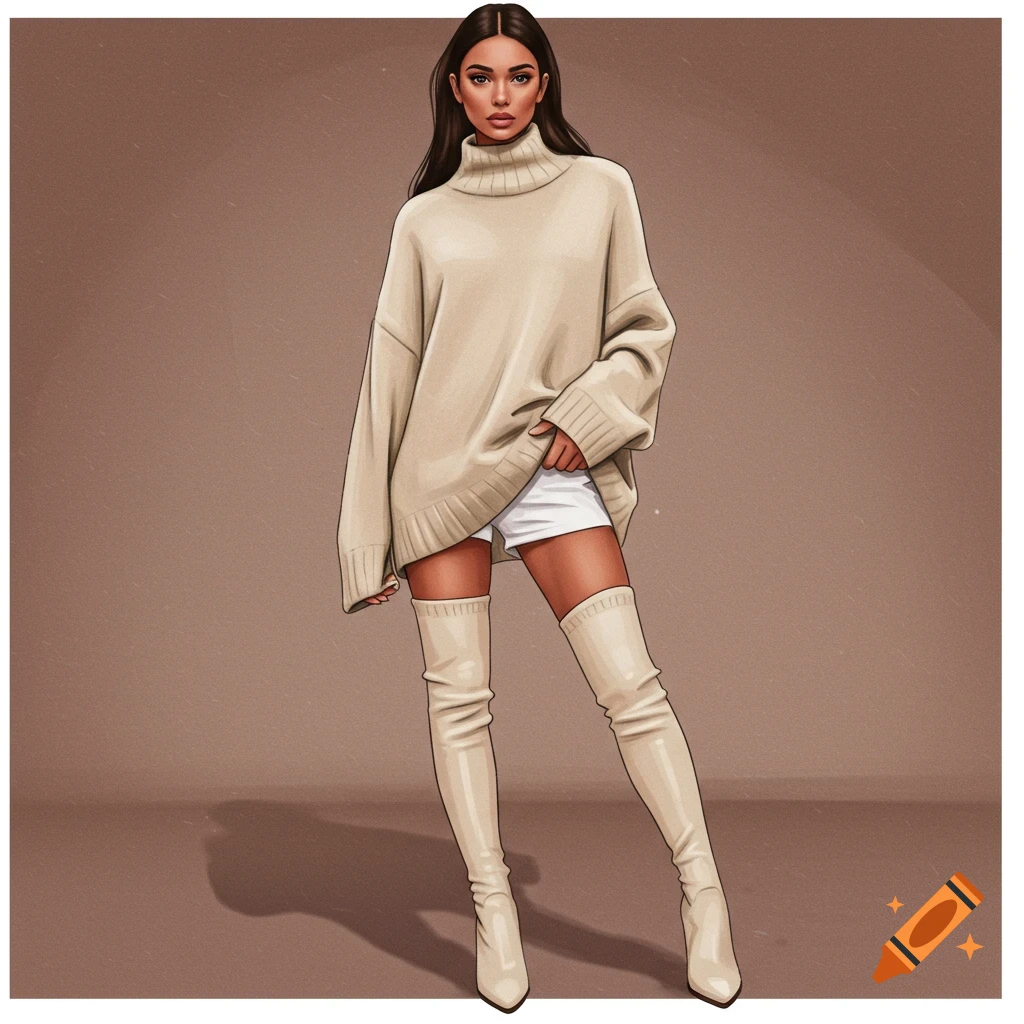 A woman in an oversized cream sweater and thigh-high cream boots.