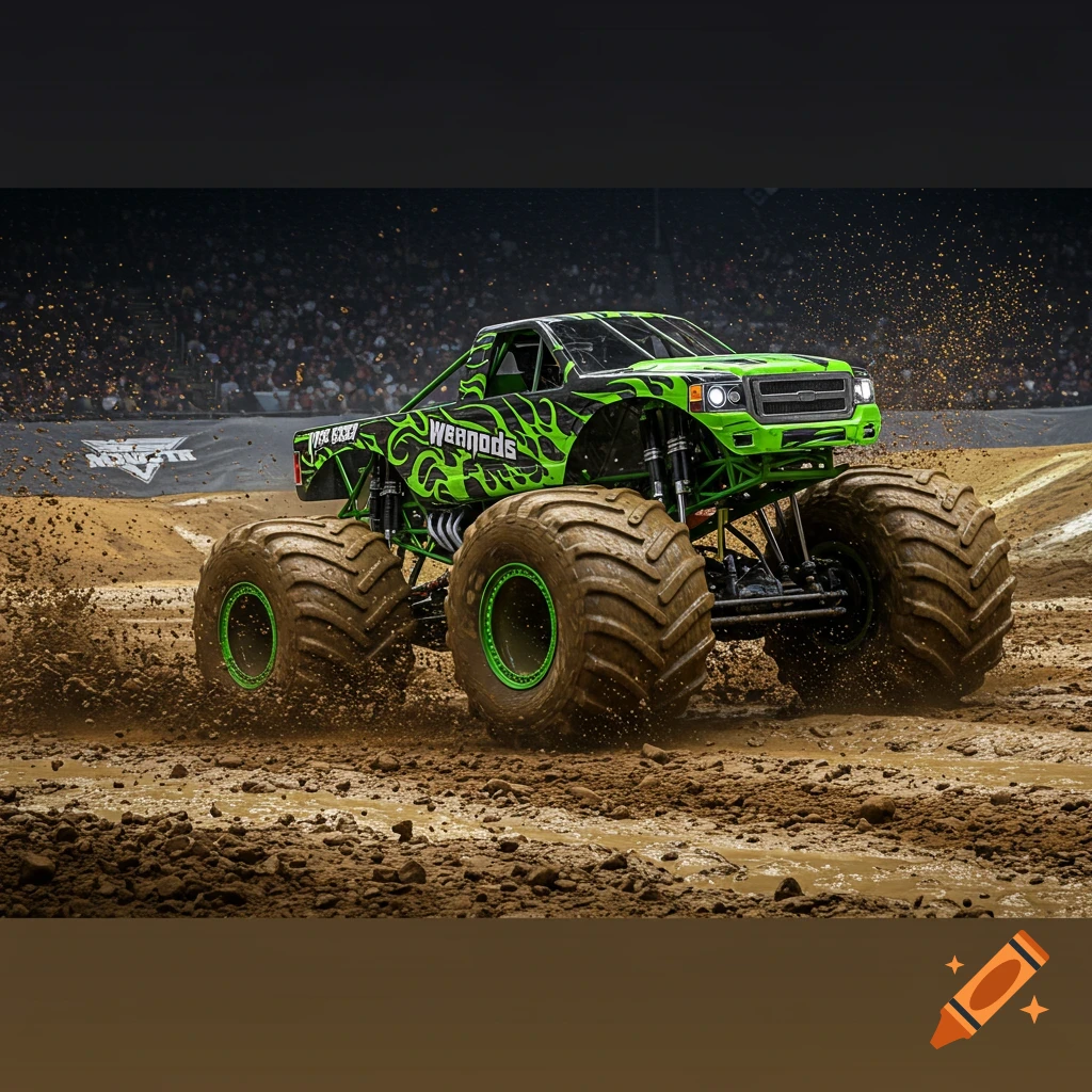 A green monster truck drives through mud in an arena.
