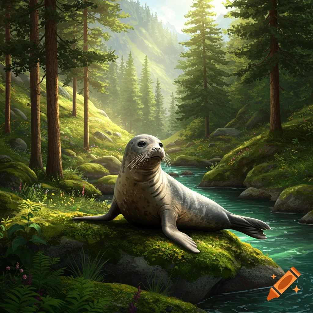 A seal rests on a mossy rock next to a river in a sunny mountain forest.