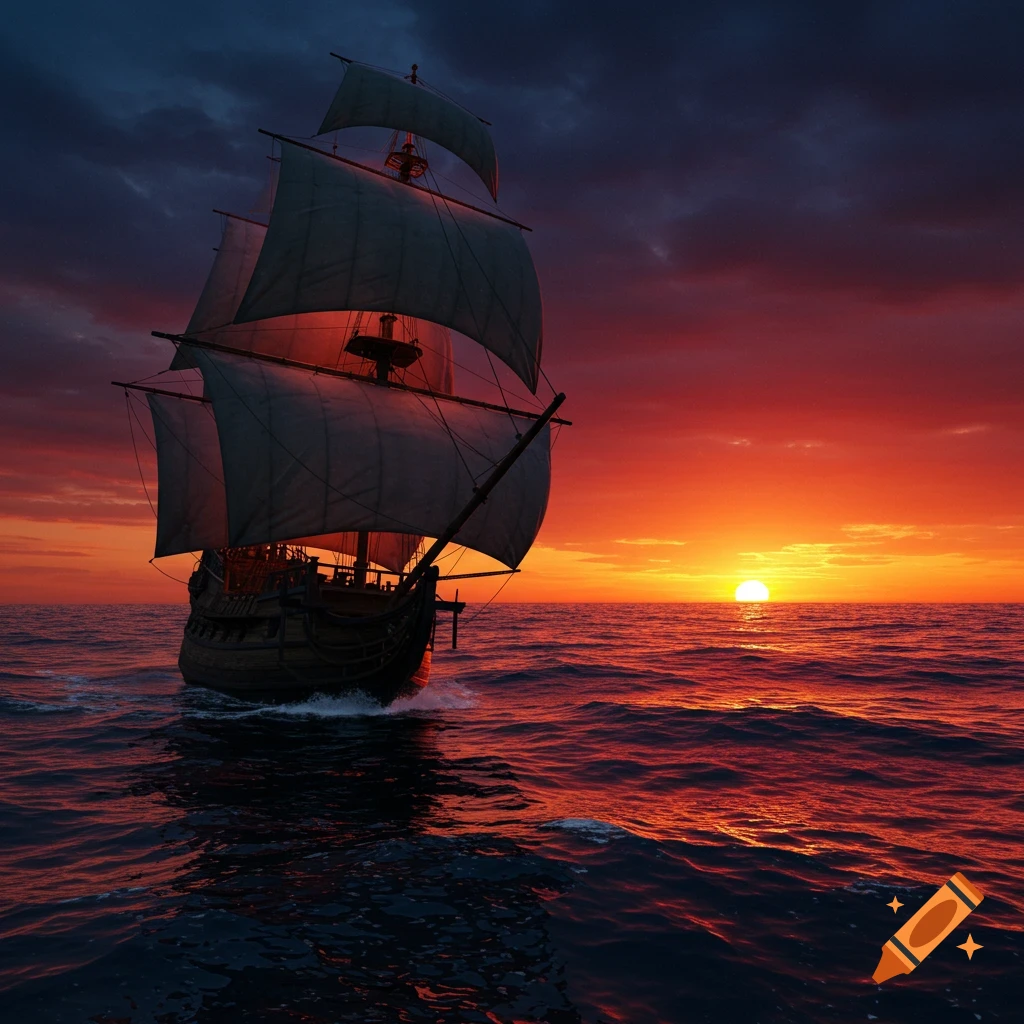 A tall ship with full sails navigates a deep blue ocean under a vibrant red and orange sunset.