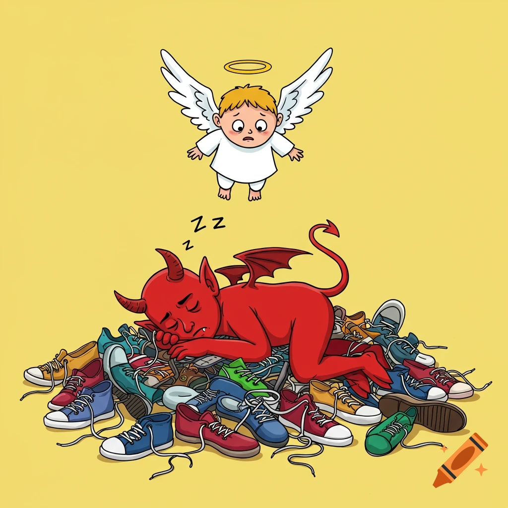 Cartoon of a sleeping red devil on a pile of shoes, with a small worried angel floating above.