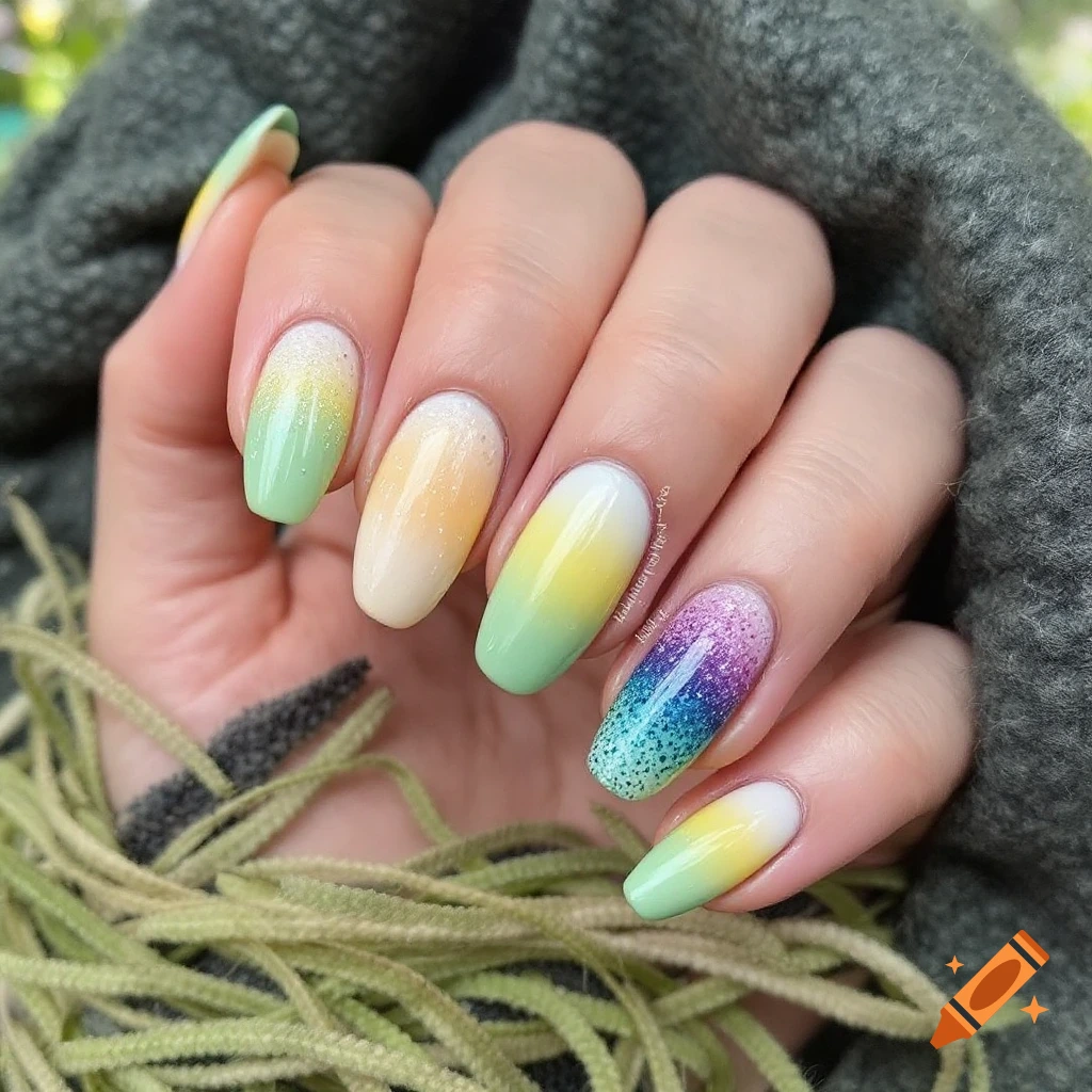 A hand with gradient and glitter nail polish holds green stems.