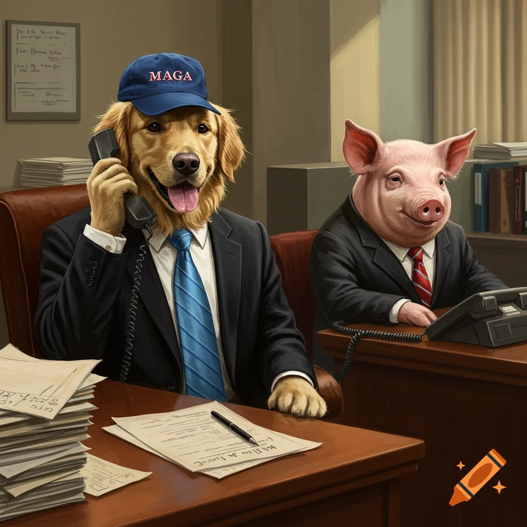 A golden retriever in a suit and MAGA hat holds a phone next to a pig in a suit, both seated at desks.