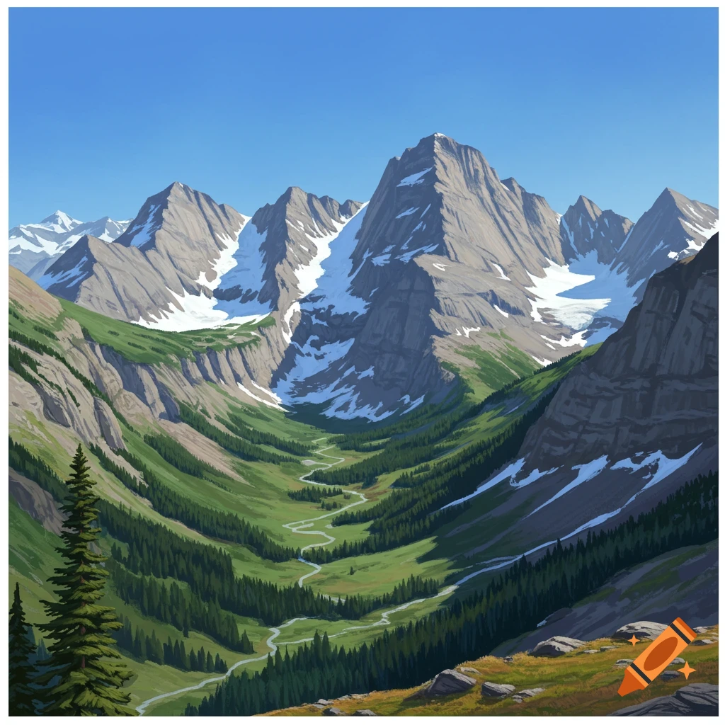 A mountain valley with a winding stream.