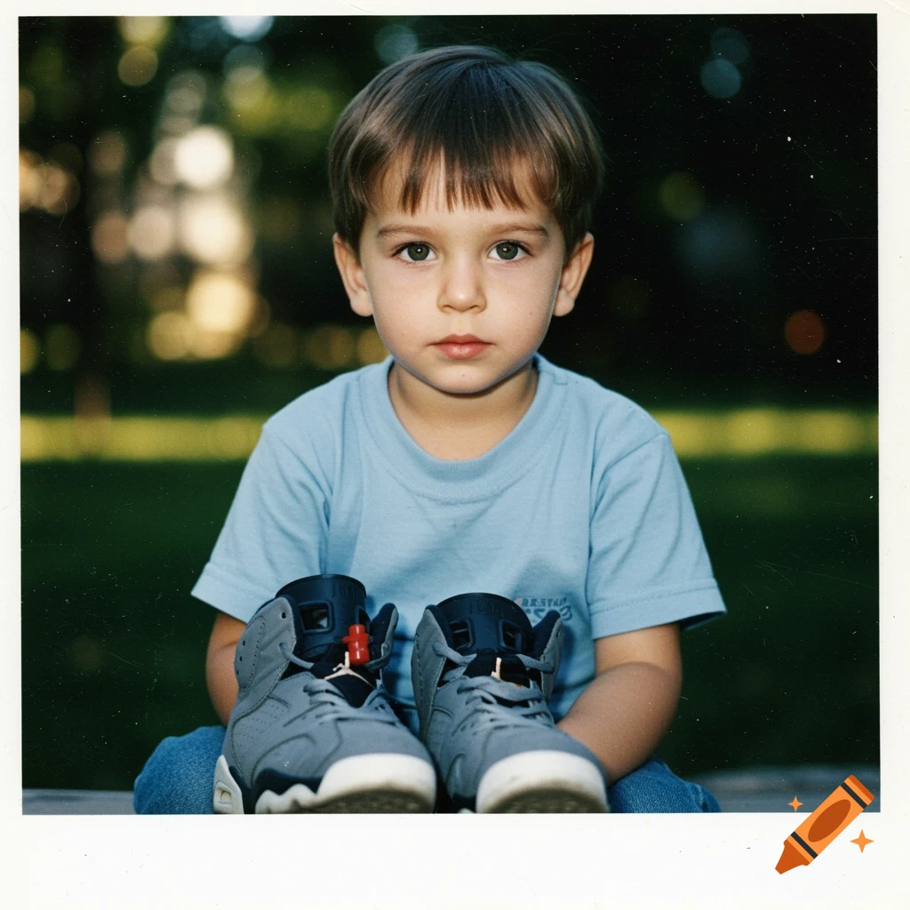 A young boy sits holding a pair of gray and black sneakers in a nostalgic 90s style photo.