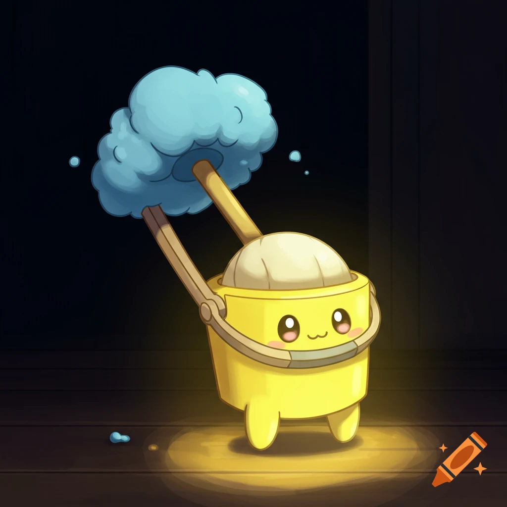 A cute mop and bucket Pokemon character stands in a dimly lit room