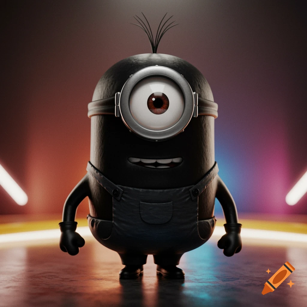 A 3D render of a black Minion character in overalls standing on a stage with colorful lights.