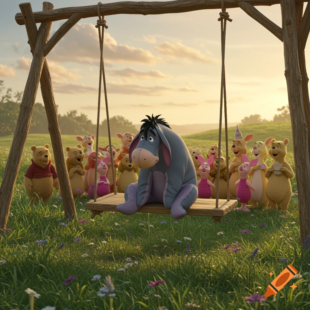 Eeyore sits sadly on a swing while Winnie the Pooh, Piglet, and friends stand behind him in a field.