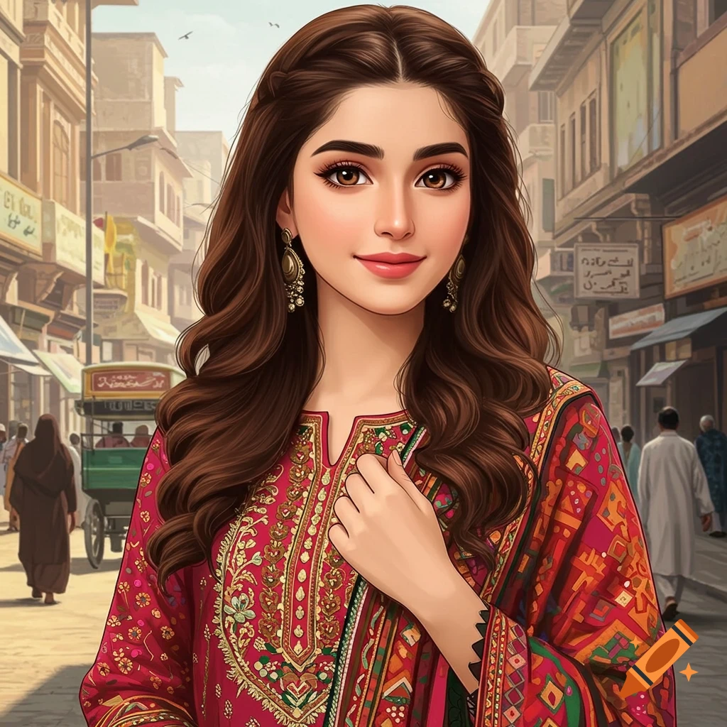 A woman in traditional Pakistani clothing is smiling on a street.
