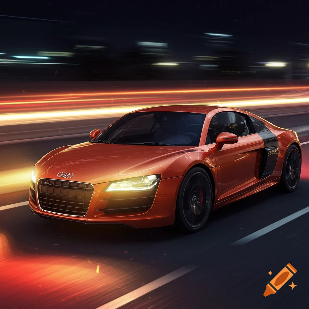 An orange Audi R8 sports car drives at speed on a road at night, with motion blur and light trails.