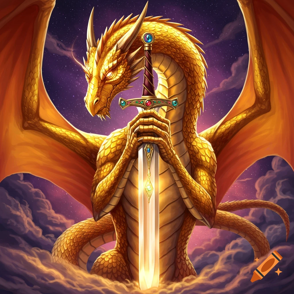 A golden dragon holding a jeweled sword against a starry sky.