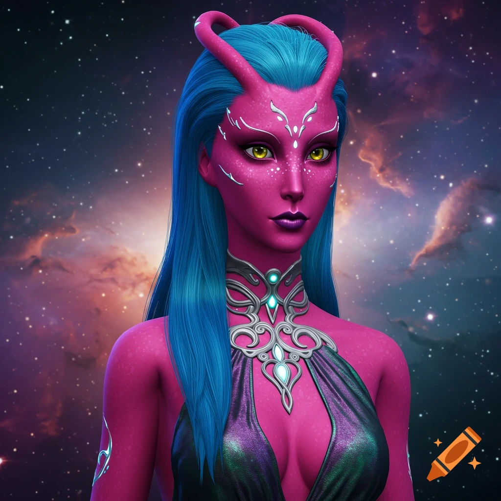 Alien woman with pink skin, blue hair, and horns wearing an ornate necklace and dress against a starry space background.