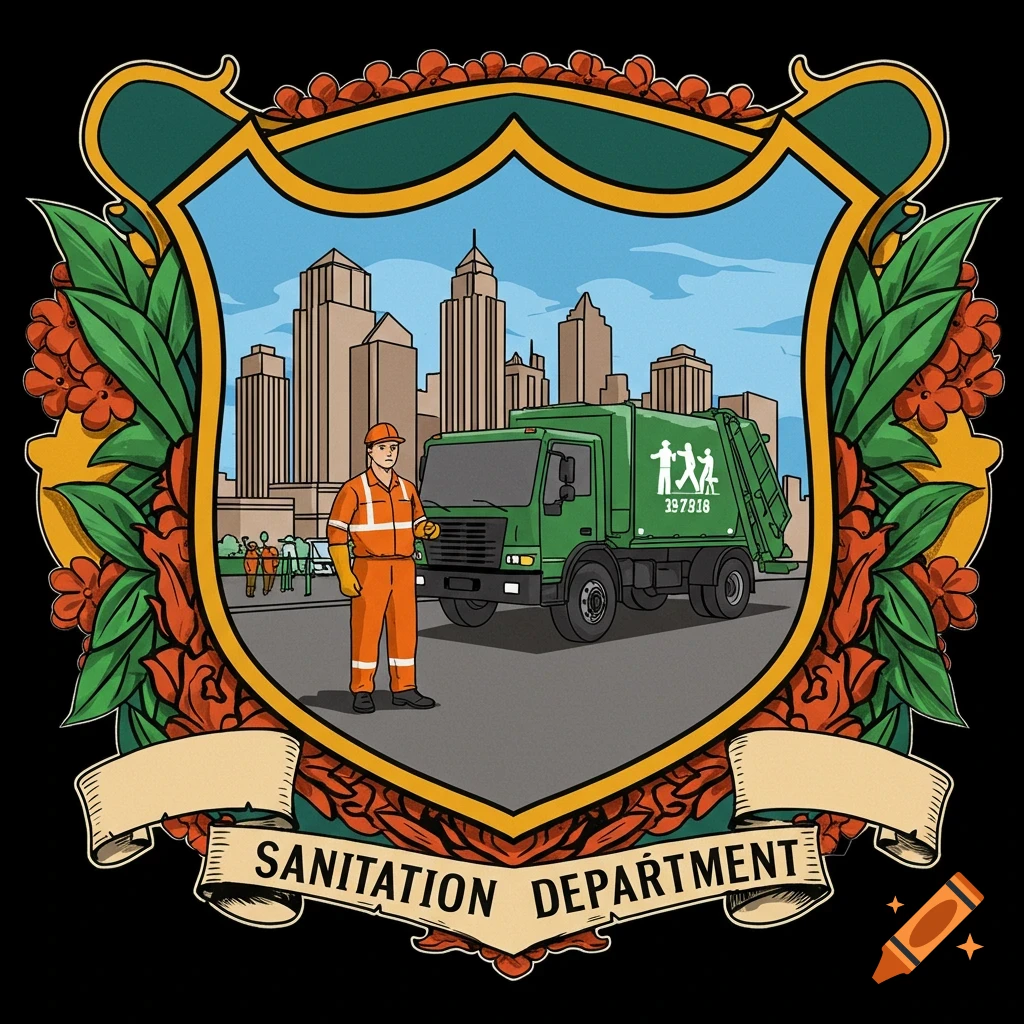 A sanitation coat of arms featuring a worker, garbage truck, cityscape, and 'Sanitation Department' banner.