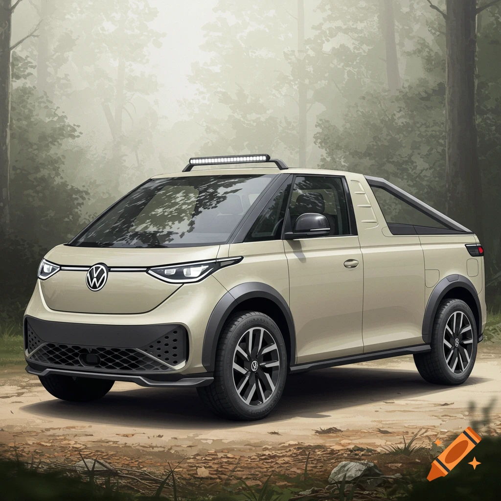 A modified Volkswagen ID. Buzz pickup truck is in a forest.