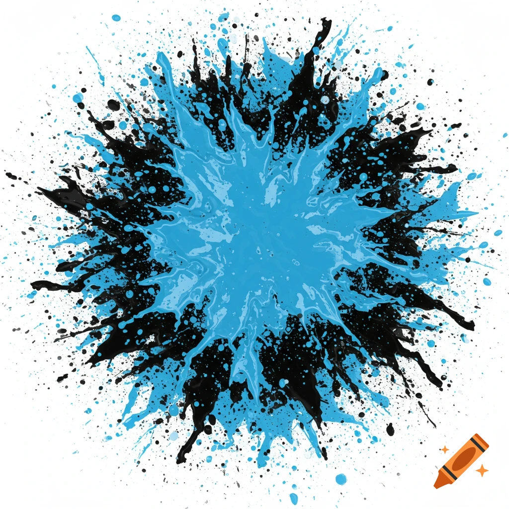 A splatter of blue and black paint exploding outwards on a white background.
