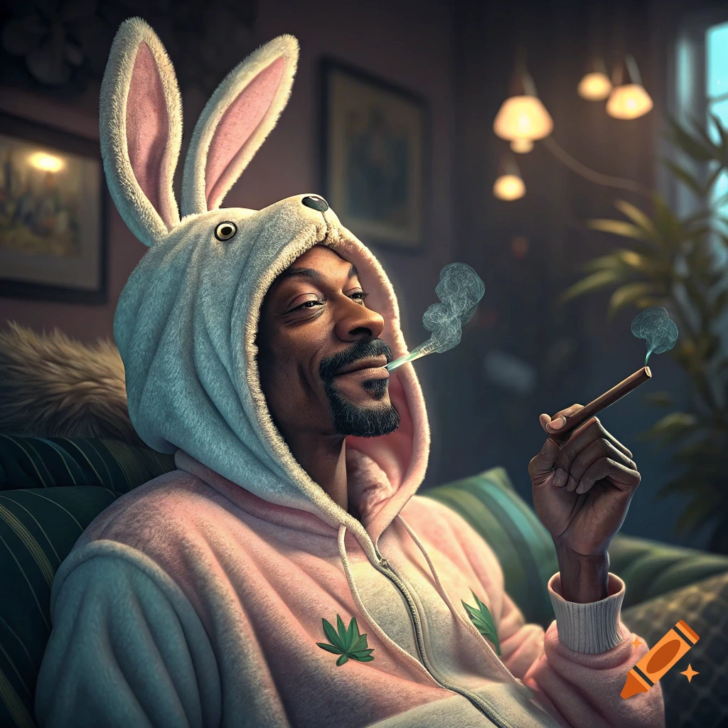 Snoop Dogg in a white bunny suit hoodie sits on a couch, smoking a blunt