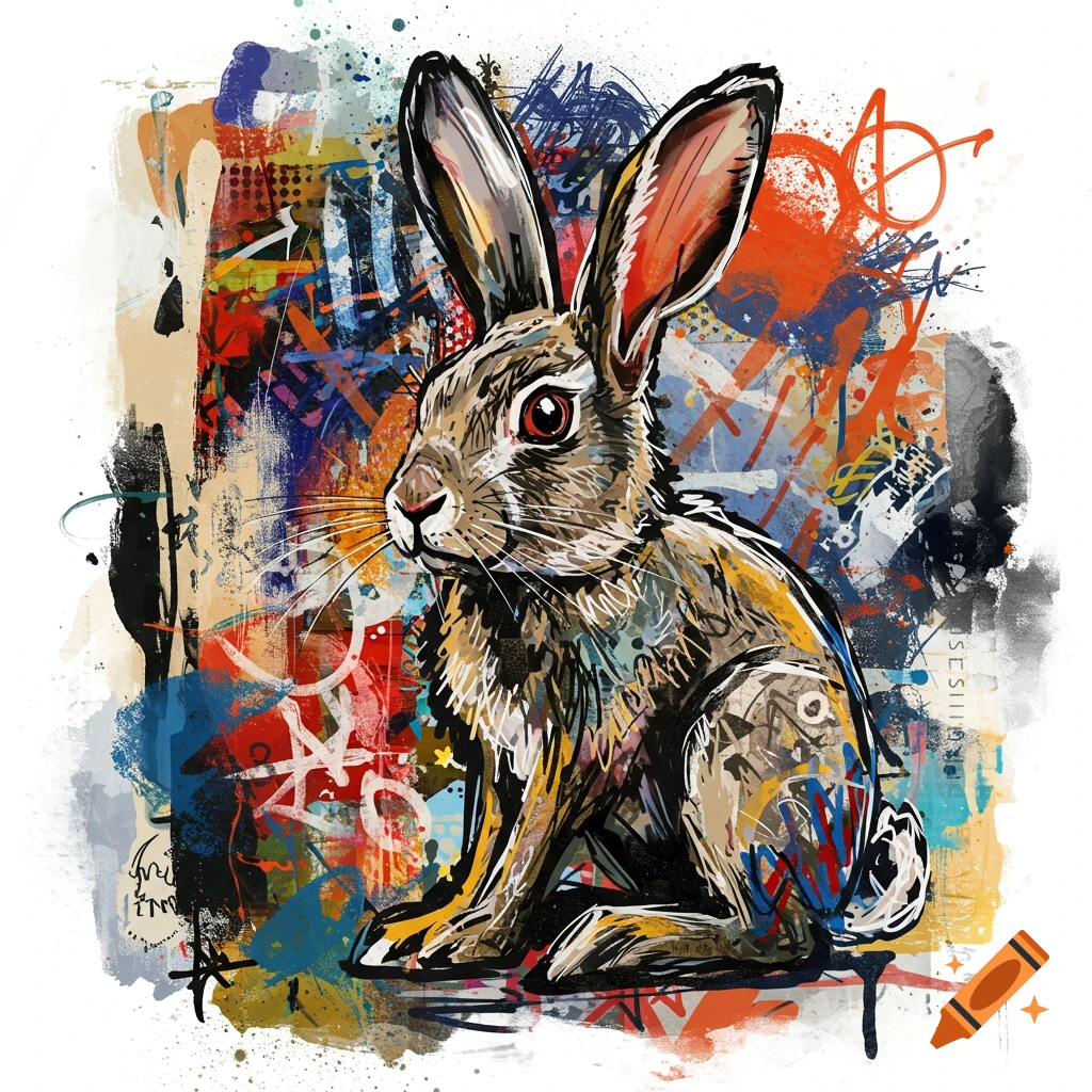 A rabbit in the style of Basquiat, with a colorful abstract and graffiti background.