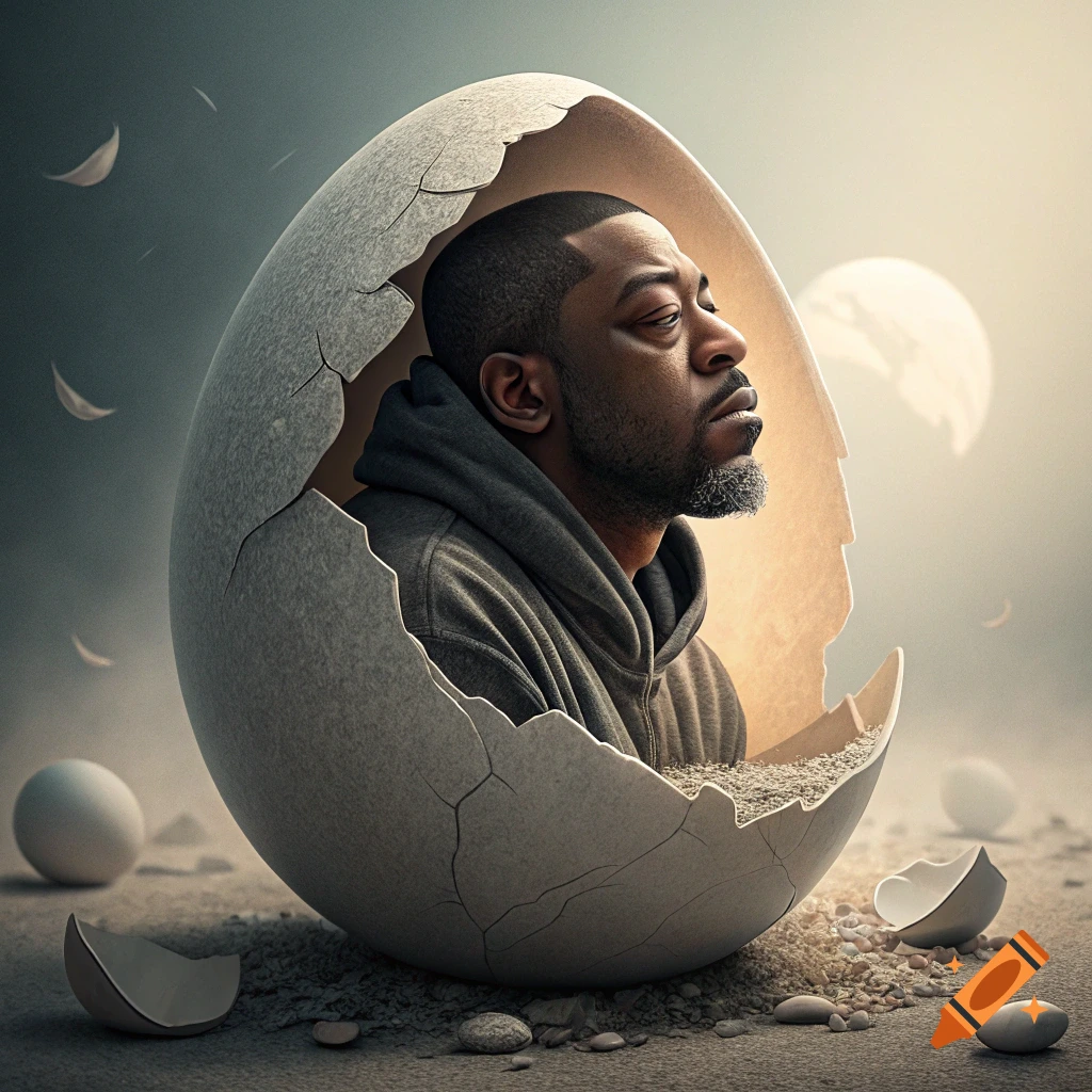 A man hatches from a large cracked egg on a sandy surface.