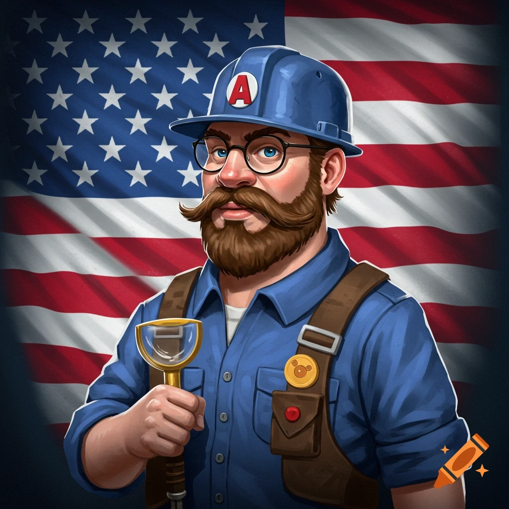 Cartoon illustration of a bearded worker in a hard hat and overalls, holding a bottle opener in front of an American flag.