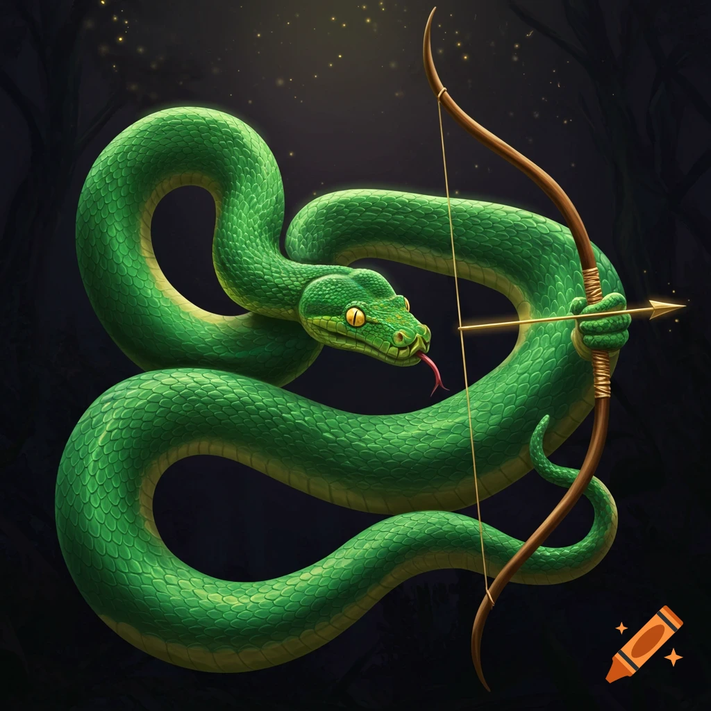 A coiled green snake is holding a bow and arrow
