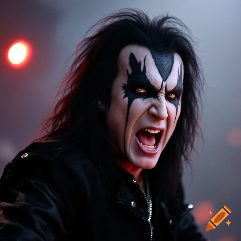 Close-up portrait of a person in rockstar makeup, shouting with their mouth open.