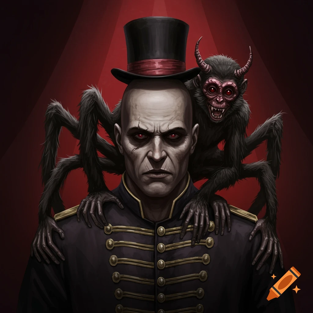 A creepy ringmaster with a demonic spider-monkey on his shoulders against a red background.