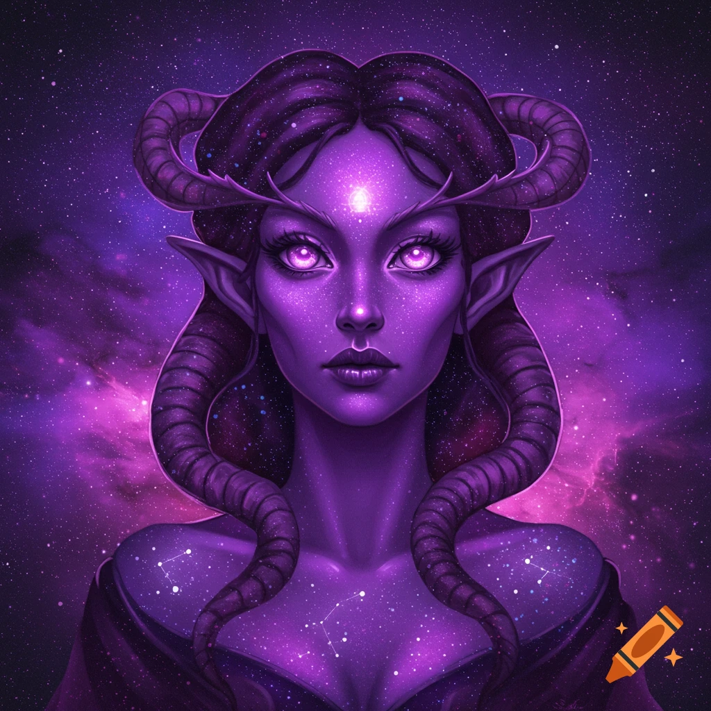 A purple fantasy princess with horns and pointed ears, covered in constellations against a starry galaxy background.