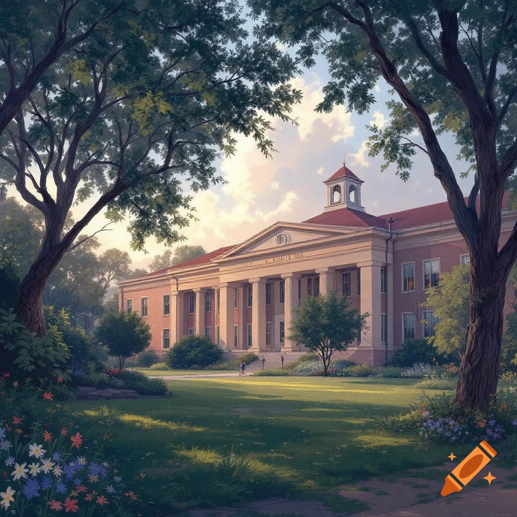 A large classical building with columns, framed by trees and a grassy garden with flowers.
