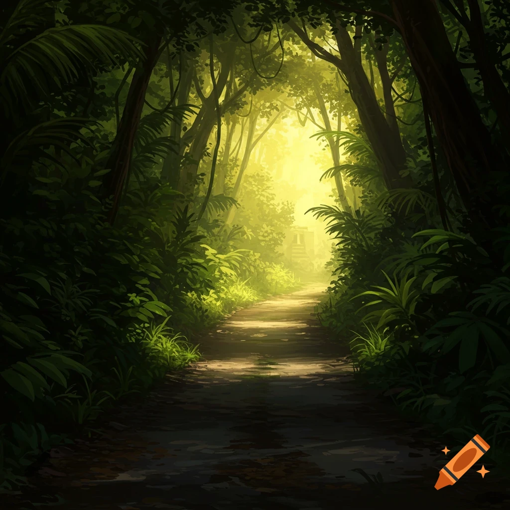 A dark path leads through a lush jungle towards a bright light.