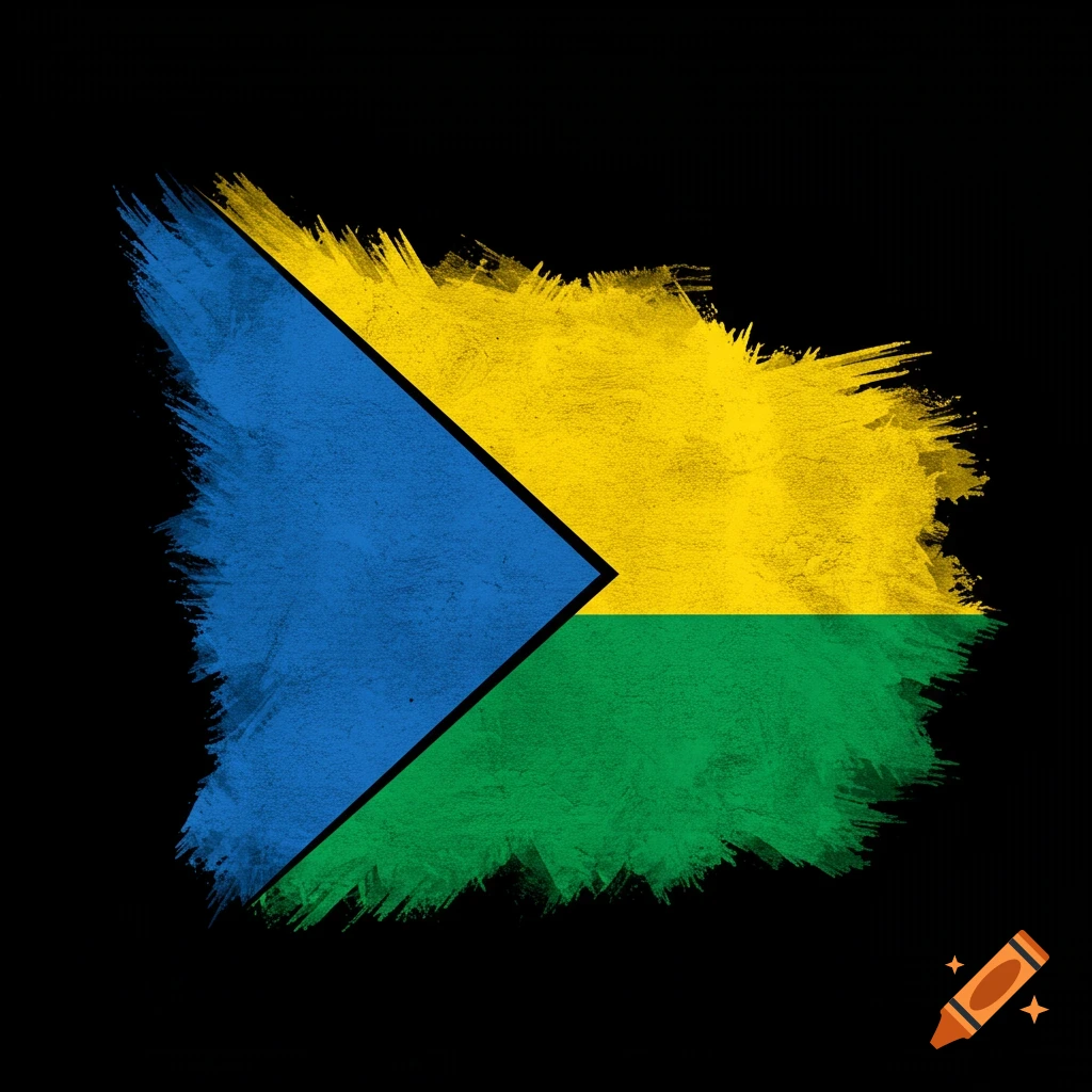 A flag with a blue triangle pointing right, above a green stripe and below a yellow stripe, on a black background.