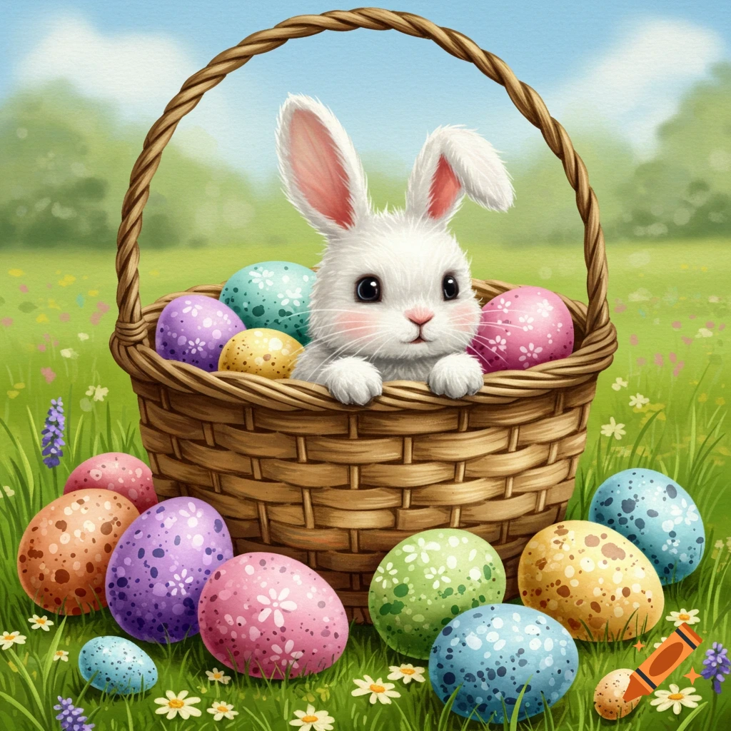 A white Easter bunny peeking out of a basket filled with colorful decorated eggs in a grassy field.