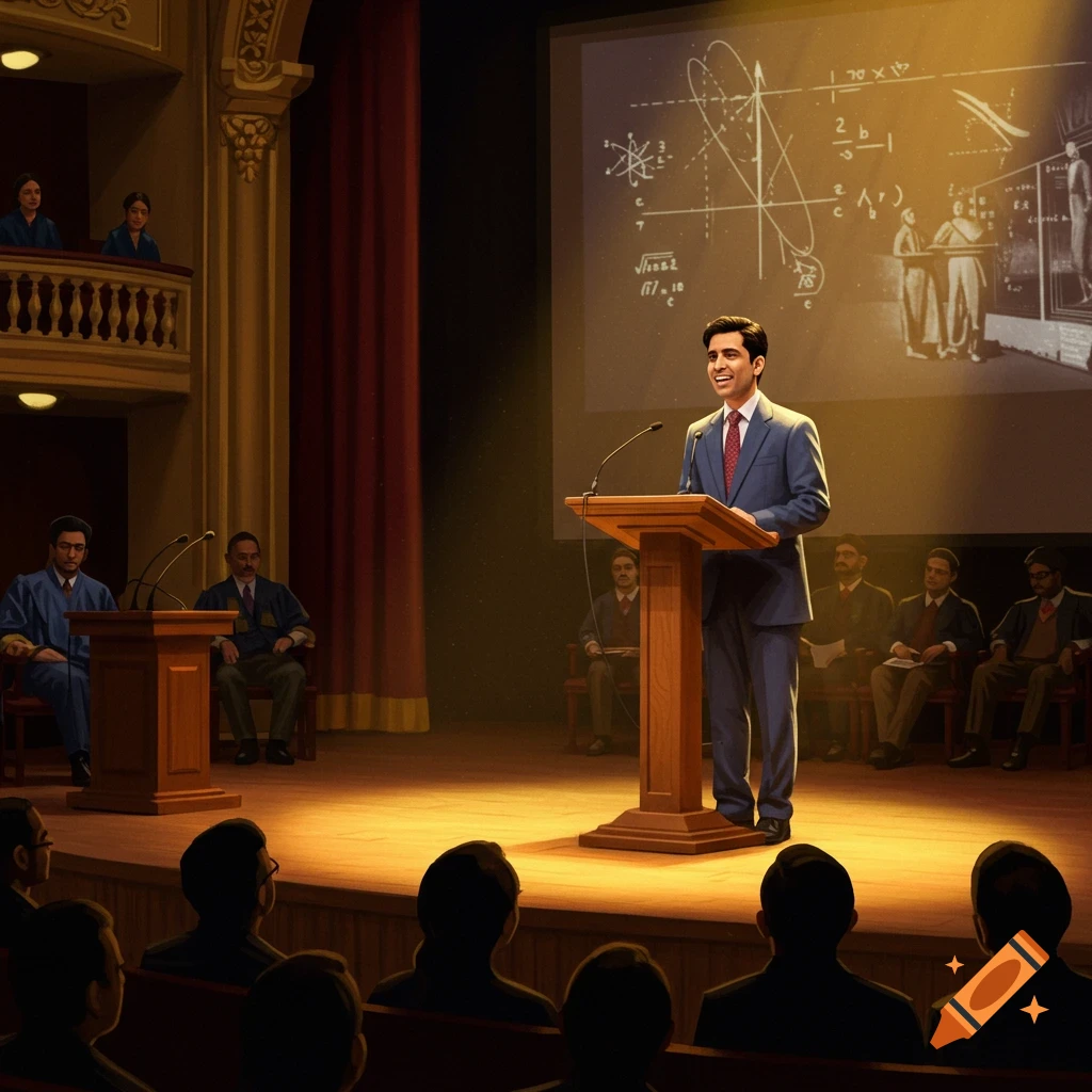 A man gives a speech from a podium on a stage in an auditorium with a screen behind him showing scientific diagrams, and an audience listening.