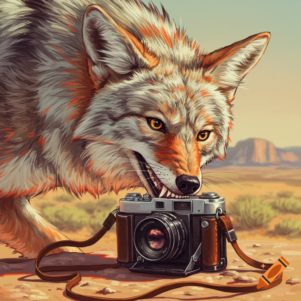 A coyote bites a camera in a desert.