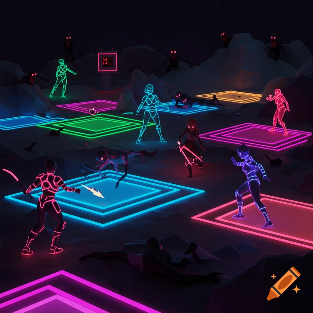Neon figures battle creatures on glowing squares in a dark environment.