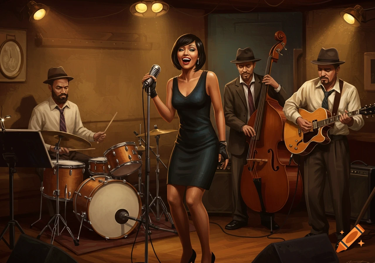 A female vocalist sings with a four-piece band on stage in a cozy jazz club.