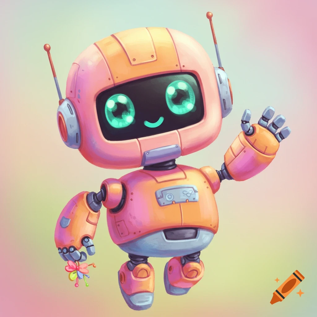A cute, orange and pink robot with large green eyes waves and holds a small flower.